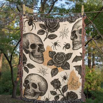 Vintage Gothic Halloween Woven Blanket – Skulls, Spiders, Bats & Roses Pattern