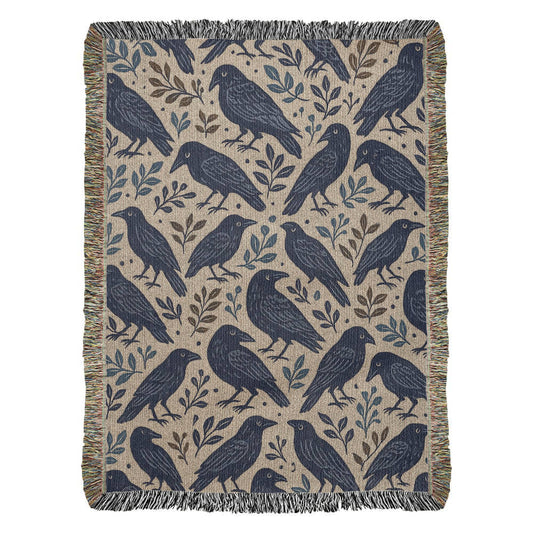 The Watchful Flock – Handwoven Raven Tapestry Blanket