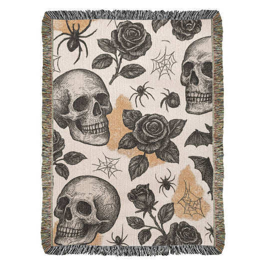 Vintage Gothic Halloween Woven Blanket – Skulls, Spiders, Bats & Roses Pattern
