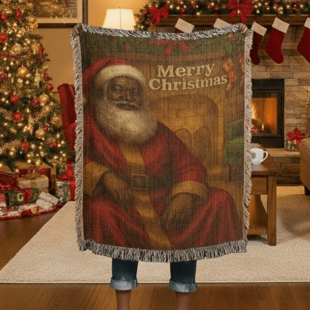 Black Santa Christmas Woven Blanket