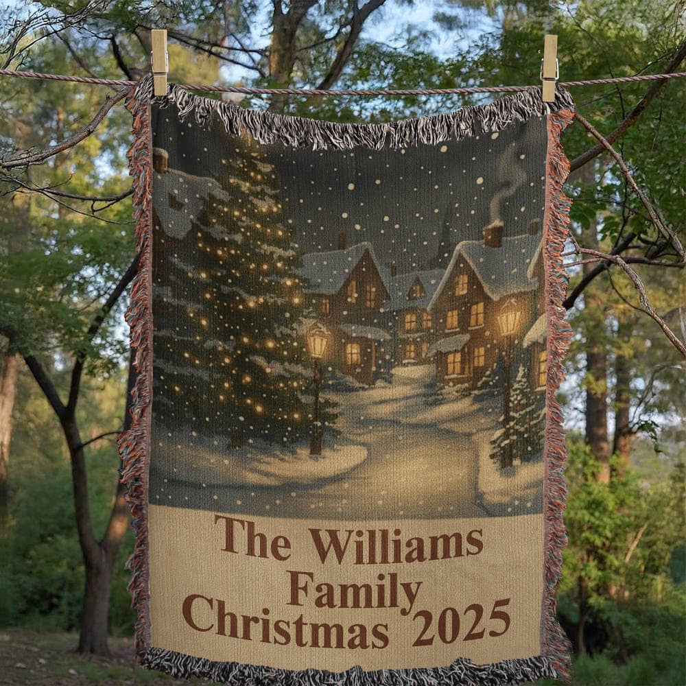 Personalized Christmas Woven Blanket – Snowy Village Design