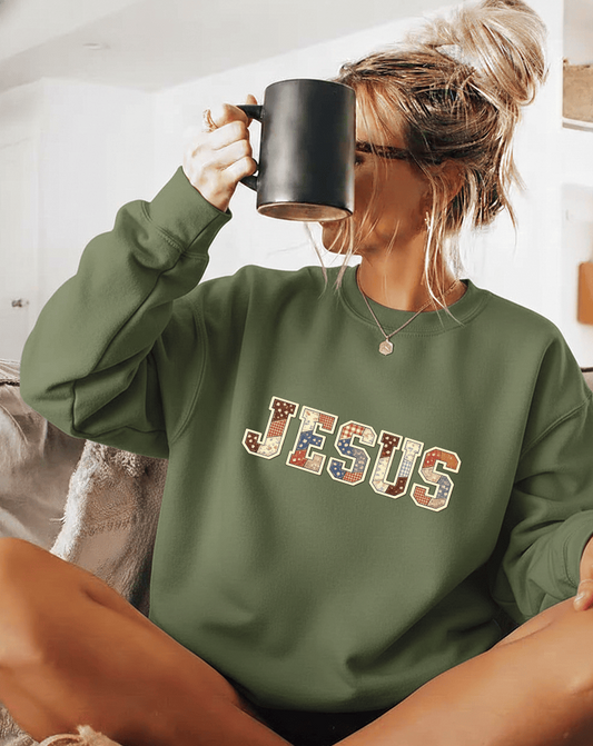 Purrfectly Faux Patched “JESUS” Sweatshirt