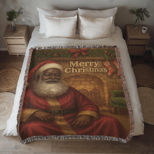 Black Santa Christmas Woven Blanket