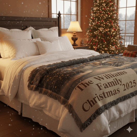 Personalized Christmas Woven Blanket – Snowy Village Design