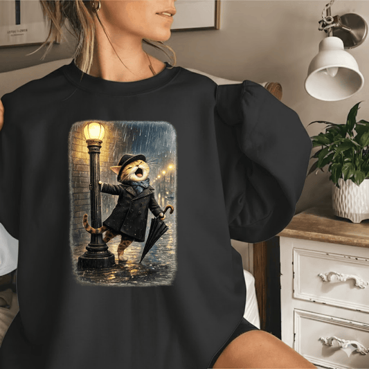 Meowin’ in the Rain – Whimsical Cat Art Sweatshirt