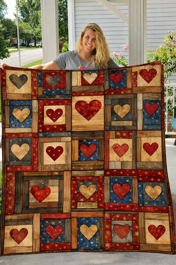 Country Love – Rustic Faux Patchwork Hearts Blanket