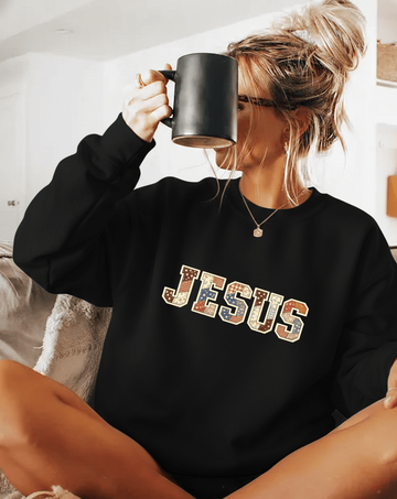 Purrfectly Faux Patched “JESUS” Sweatshirt