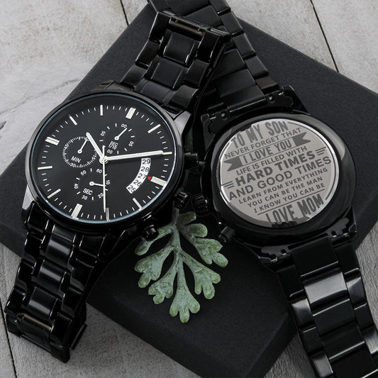 To My Son - Engraved Design Black Chronograph Watch