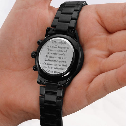 To My Husband - Engraved Design Black Chronograph Watch